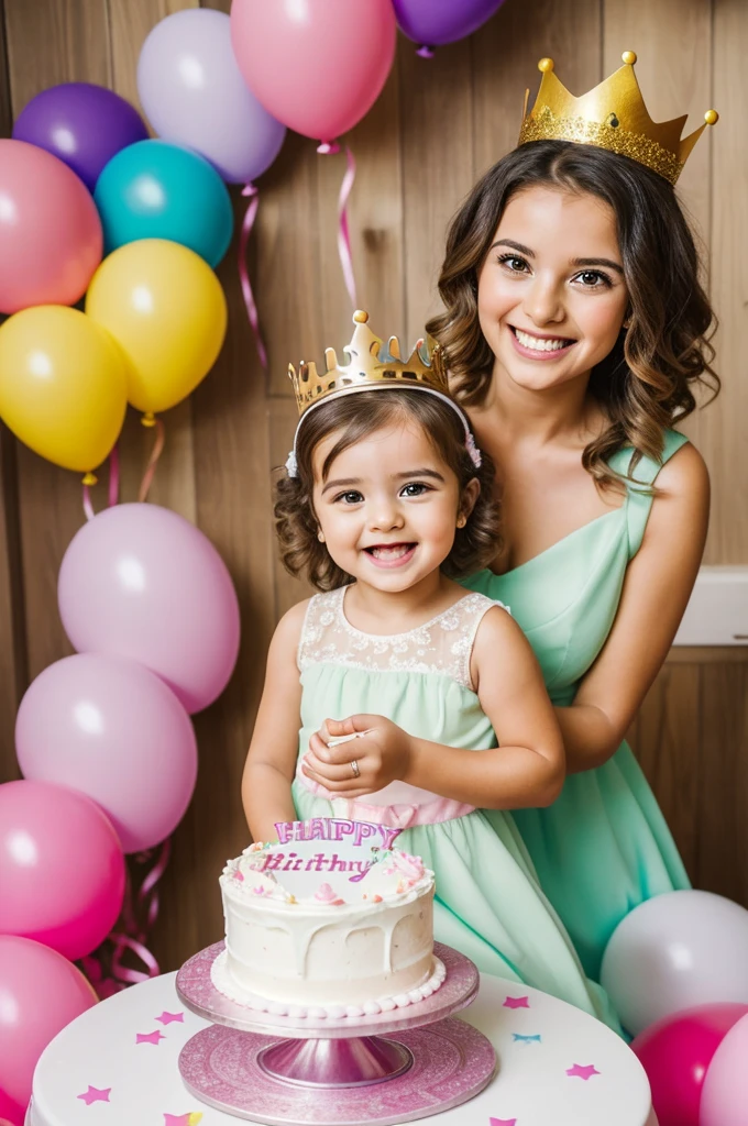 

In the center of the room decorated with colorful balloons and bright garlands, An adorable baby with bright eyes and a radiant smile sits in a small chair decorated with a sign that says "Happy first birthday!". She wears a festive pastel-colored dress and a small golden crown on her head covered in unruly curls.. Around it, family and friends smile and cheer her as she holds her first cake, with whipped cream and a candle in the shape of the number one. The room is full of laughter and cameras ready to capture every special moment of this special day for the little birthday girl..