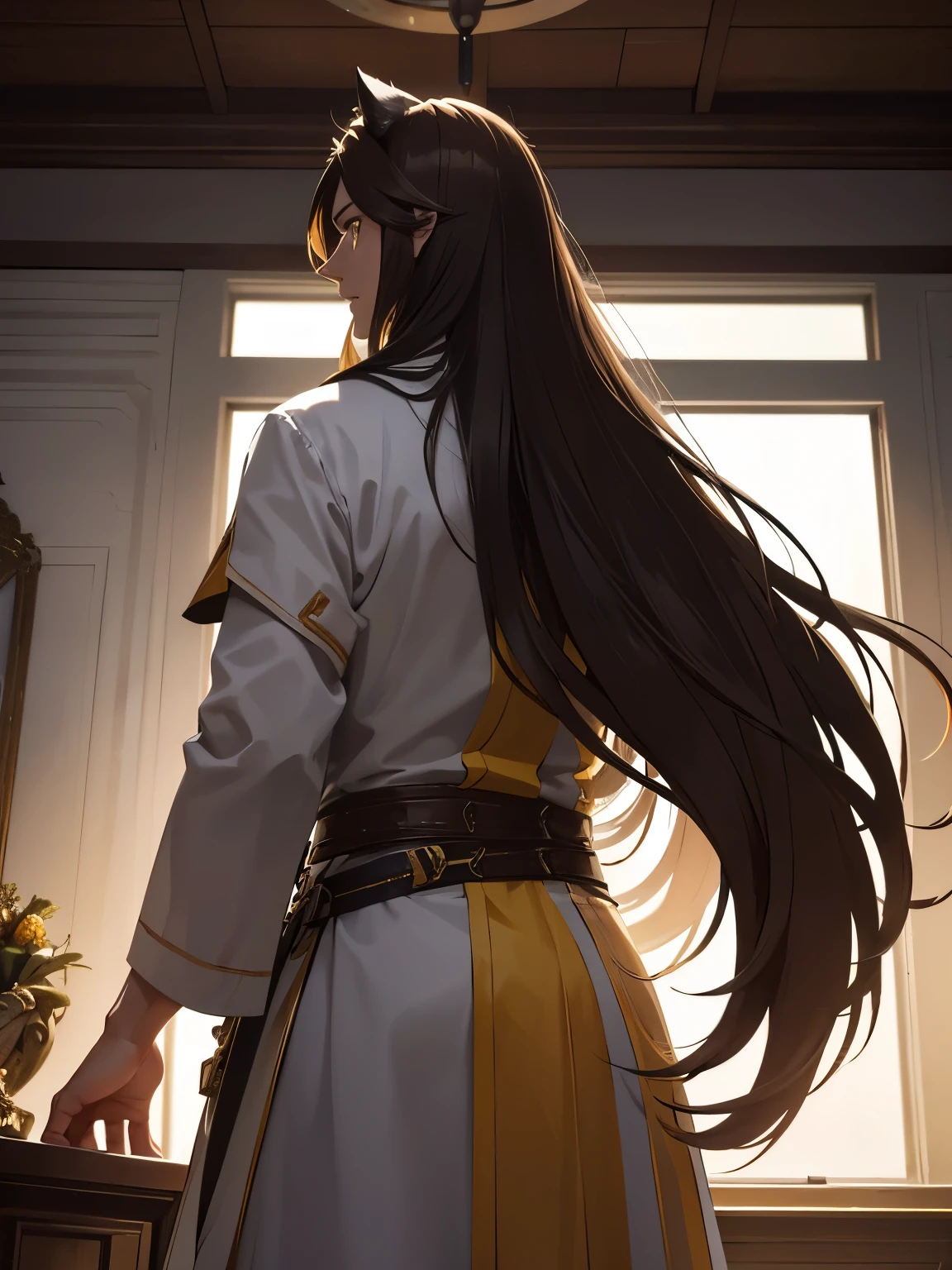 Wolf king, male,40 years old,long hair,brown hair,yellow eyes,ultra detail,standing,Facing backwards, camera angle from behind, photo from behind, looking away,talking,In the headquarters room