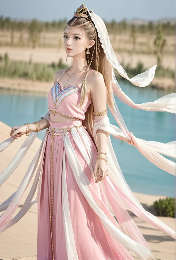 1girl, solo, jewelry, long_hair, braid, dress, earrings, armlet, from_side, bracelet, blonde_hair, blurry_background, blurry, desert, pink_dress, upper_body, crown, bare_shoulders, braided_ponytail, breasts, closed_mouth