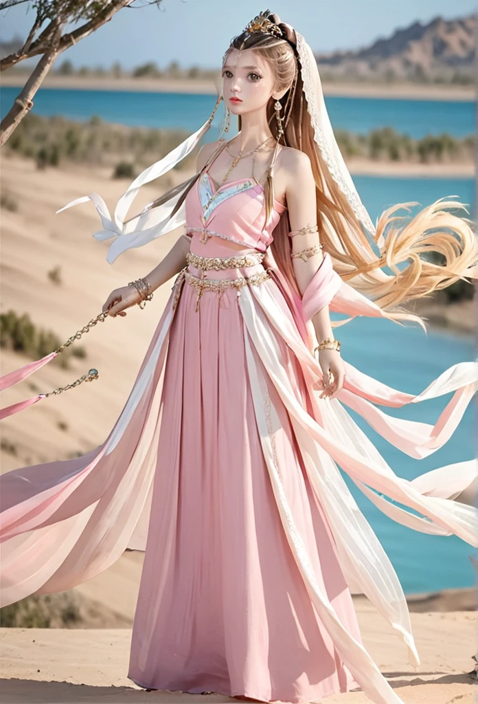 1girl, solo, jewelry, long_hair, braid, dress, earrings, armlet, from_side, bracelet, blonde_hair, blurry_background, blurry, desert, pink_dress, upper_body, crown, bare_shoulders, braided_ponytail, breasts, closed_mouth