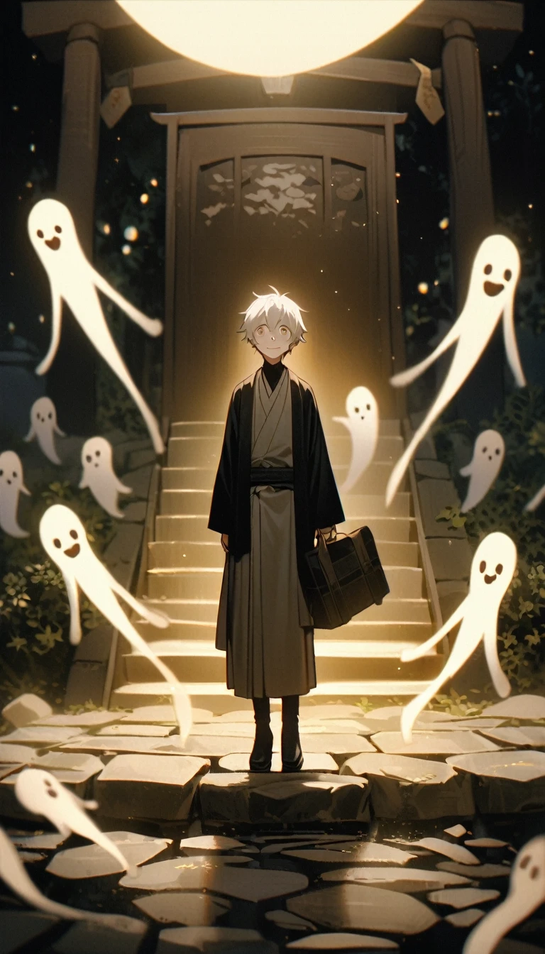1boy, zoom out, full body, male focus, highschool boy, beautiful boy, messy short white hair, small light brown droopy eyes, he is slender, he has fair skin, he is wearing black , he is sitting on the stone stairway that leads to a Shinto shrine, he is looking up, he is smiling faintly, both hands are on the ground, at night, the air has a light golden hue, there are white blurry ghosts walking around a stone path, eerie air, melancholic, absurdres, masterpiece, cinematic, detailed
