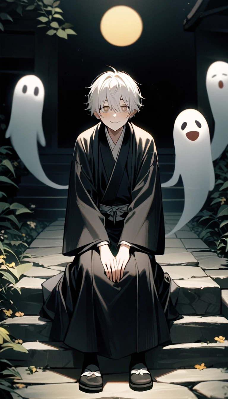 1boy, zoom out, full body, male focus, high boy, beautiful boy, messy short white hair, small light brown droopy eyes, he is slender, he has fair skin, he is wearing black , he is sitting on the stone stairway that leads to a Shinto shrine, he is looking up, he is smiling faintly, both hands are on the ground, at night, the air has a light golden hue, there are white blurry ghosts walking around a stone path, eerie air, melancholic, absurdres, masterpiece, cinematic, detailed