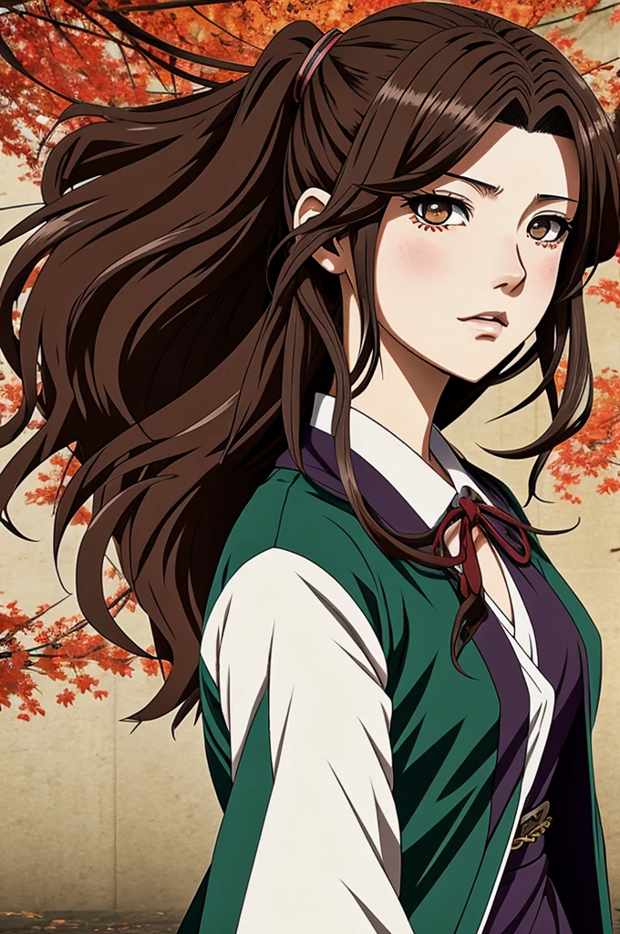 Kimetsu no yaiba anime style girl, with long brown hair falling on her back seen from the front