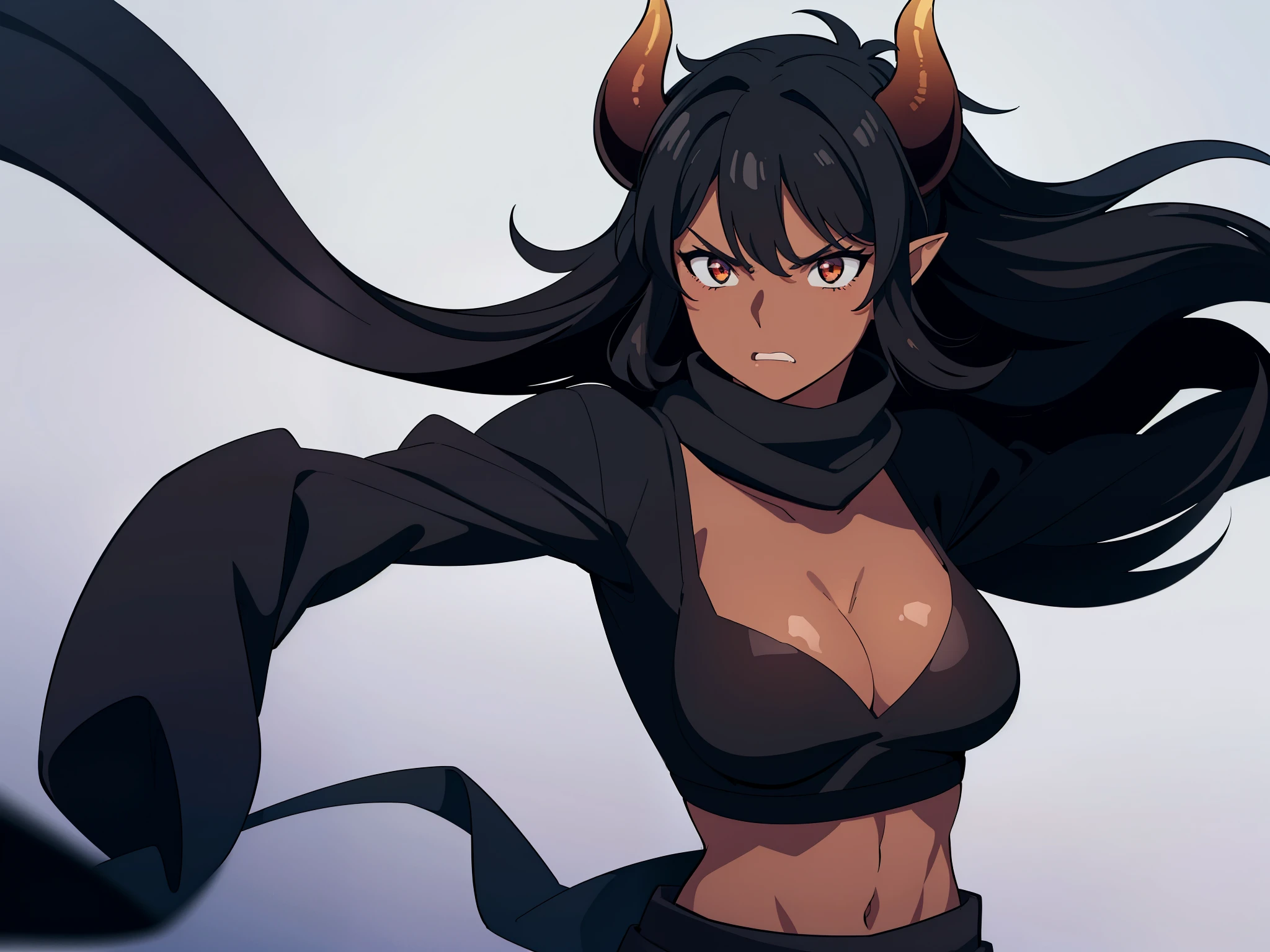 (1girl ,25s,adult,mature female,solo),long hair, black hair,horns,elf ears,((black scarf)),cleavage,(((dark skin))),(black sports bra,black sports shorts, midriff),(simple background),long sleeves,angry,pov,((looking at view,from front))