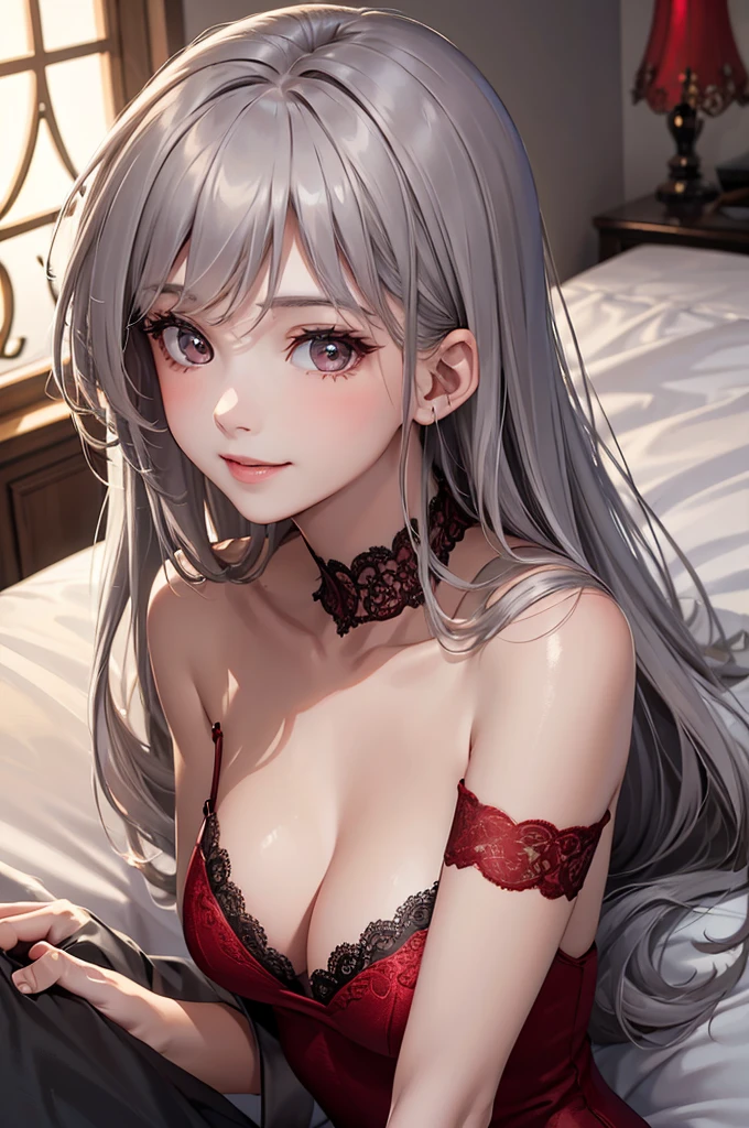 Best Quality,High resolution,8K,finelity detailed background,Masterpiece:1.2),beautiful girl,Glossy romance gray hair,crossed bangs,Gray eyes,Gentle look,A refreshing look,smile,Best quality,Best Quality,Aesthetic and aesthetic:1.2,Best details((Super detailed))(High-definition CG illustrations),Upper Body, Red underwear,(red intricate lace),Slender body,night,moon,Bedroom,On the bed,smile,blush,cute,Scrounge,Looking up,Being spoiled,super model,wariza,shoot from,below