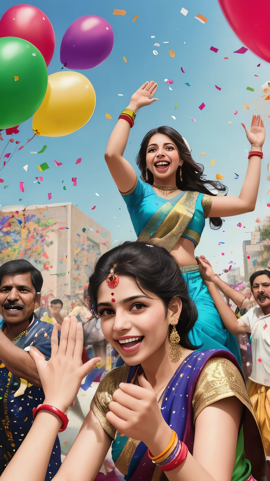 ((best quality)), ((masterpiece)), (detailed), An illustration of group of Indian people with big smiles and arms raised in the air, surrounded by colorful confetti and balloons. The background is a vibrant, celebratory scene.