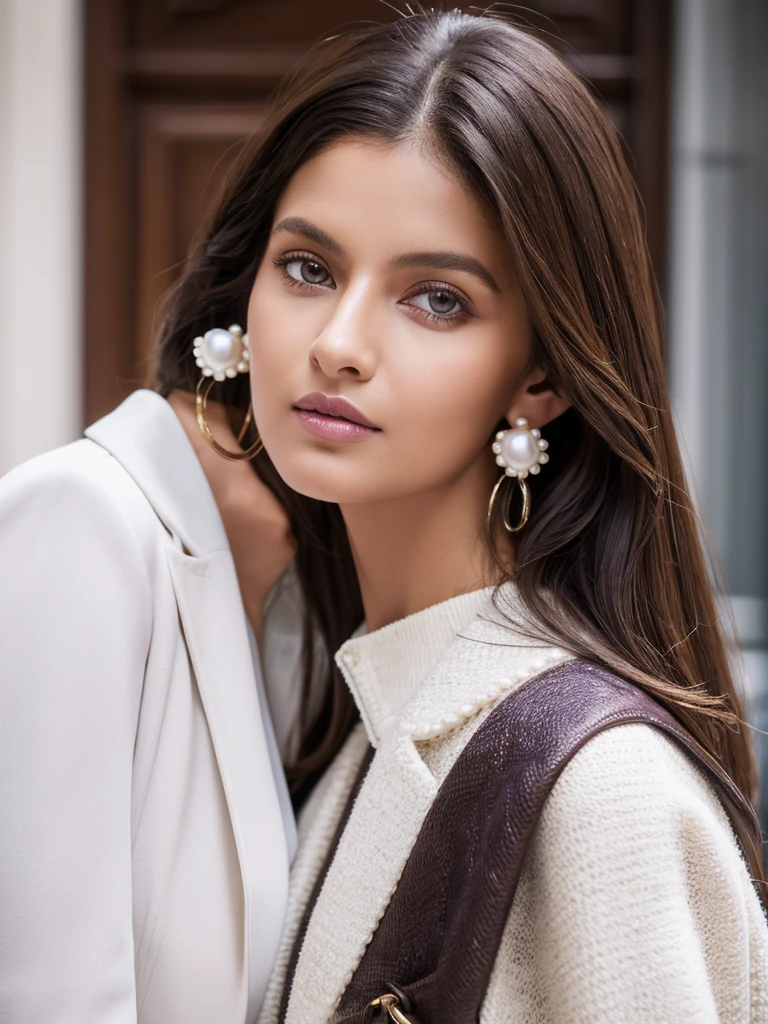  standing brunette dark skin , dark brown straight hair, light brown eyes, white blouse , open lilac coat,jeans ,Pearl Earring , white high heels , gucci white chic bag