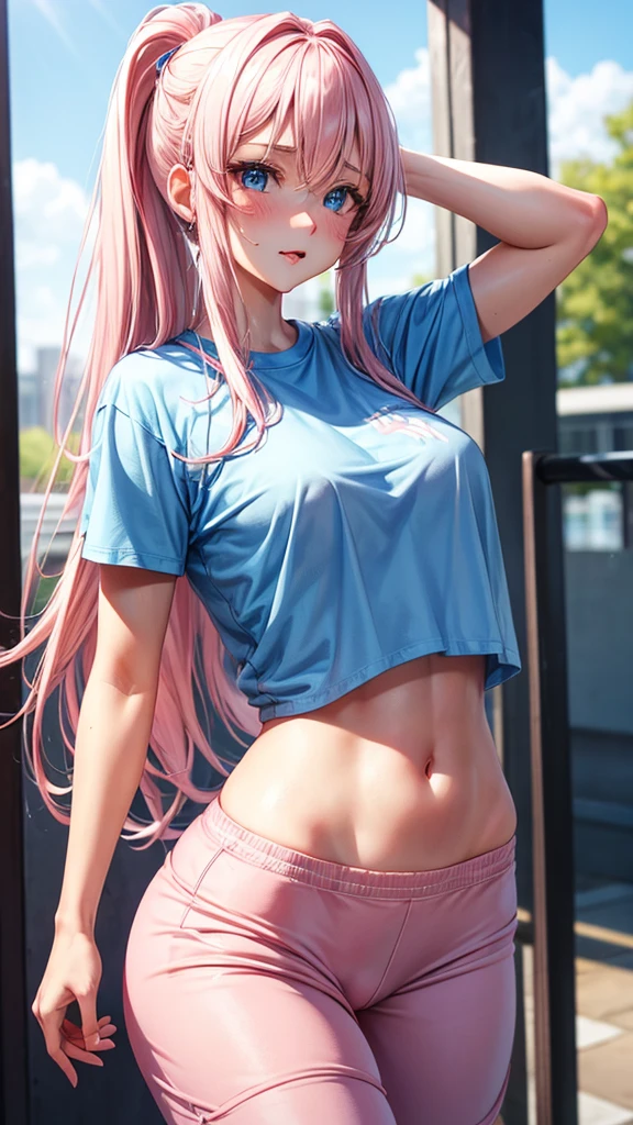 feminine,Caucasian skin,blushed face,light pink long hair,blue colored eyes,drooling tongue ,athlete body, white sweatpants ,blue glued t-shirt.