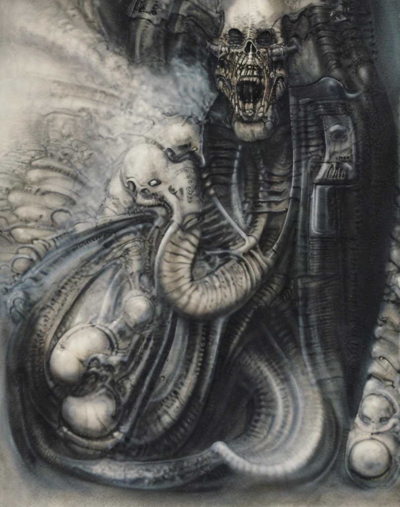 The image is a detailed view of H.R. Giger's biomechanical tableau \" Landscape XVI \" plate, featuring.
(airbrush painting, Giger's alien in front of broken alien ship in landscape, natural light, sharp focus, illustration, highly detailed, digital painting, concept art, matte, art by gric and kozhanov and moebius and Alphonse Mucha, masterpiece, HDR ,UHD , uplight, in HRGigerArhP style);1.
surrealistic painting of a monster with multiple tentacles and a body that looks like a brain, surrounded by a chaotic scene of swirling clouds and other monsters
It's a complex network of bones and organs in eldritch color scheme:a greenish-brown hue ,swirling gery and brown colors. The artwork is silverish and green brown, with an ivory bones prominently displayed. The image is highly detailed and intricate, almost like a 3d version of a medical sketchwork.
The piece is a tableau, most likely created with a India ink pen or pencil on paper, determined by the thin lines, shading techniques, and the texture of the paper, which is visible around the edges.
Used is pen, given the shading and variations in line weight visible in the image. Artist have used a variety of stylus with different degrees of hardness to achieve the shading effects.
The use of undersaturated green-grays dark contrasts creates a stark and graphic look. Is used a variety of linework techniques to create different textures. Fine, parallel lines create a smooth, metallic texture,while thicker, more cursive lines suggest cables or wires.
Light source from the top highlights skeletals, pper part of foreground, lower part of image is in shadowupper part of foreground, lower part of image is in shadow.
The art performance showcases the artist’s skills in observation and rendering. The level of detail in the piece suggests a close study of real bone specimens and mechanics. The artist has skillfully used shading techniques to create a convincing illusion of three-dimensionality on a flat surface. The wrinkles