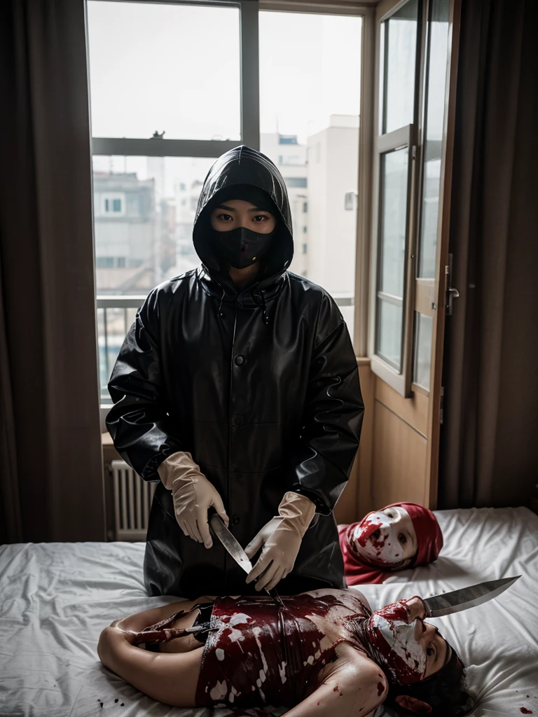 korean girl, (behind corpse, surgical mask), blood splatter, holding knife, stabbing, leather gloves, room full of blood, black raincoat, hood up, holding knife, leather gloves, behind corpse, night, mass murderer, robbery, in the hotel, light from the window