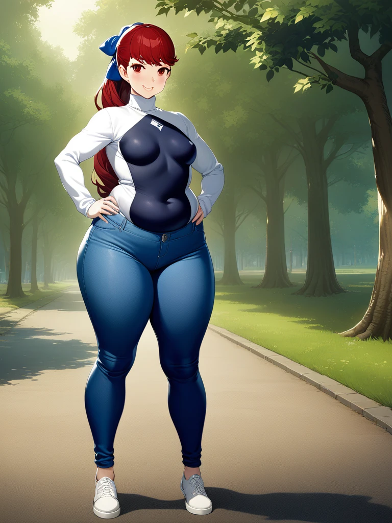 Realistic denim texture, chubby upper body but small breasts, dskasumi, red hair, long hair, ponytail, red eyes, hair bow, 1girl, solo, ((height 150cm)), thick thighs, Bow legs, Beautiful face but chubby face, Chubby kasumi yoshizawa, Hands on hips, Stand up straight, ((Full body)), (low head 1.5), A little chubby body type and small breasts, masterpiece, tight denim pants, ((small breasts)), thick legs++, Full body+, Solo, Swollen face, 1 woman, (white long sleeve tutleneck 1.5,) (tight turtle neck 1.5), white turtle neck, navy blue Denim pants, thick thighs, low rise navy blue denim pants, solo, simple background, masterpiece, best quality, black hair, A chubby figure that seems real, smile, 
BREAK
outdoors, park, trees, dappled sunlight, depth of field, cinematic, game cg, official art, masterpiece, best quality
