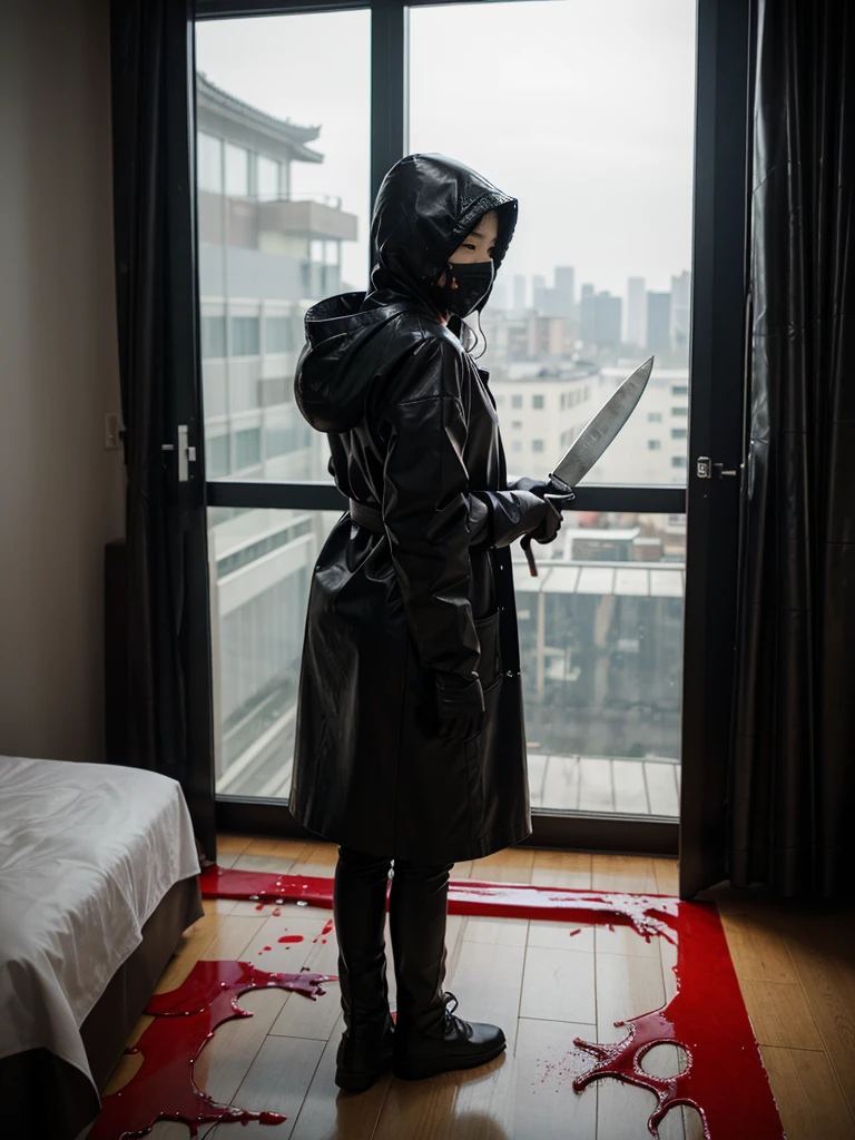 korean girl, (behind corpse, surgical mask), blood splatter, holding knife, stabbing, leather gloves, room full of blood, transparent raincoat, hood up, trucker hat, holding knife, leather gloves, behind corpse, short hair, night, mass murderer, robbery, in the hotel, light from the window