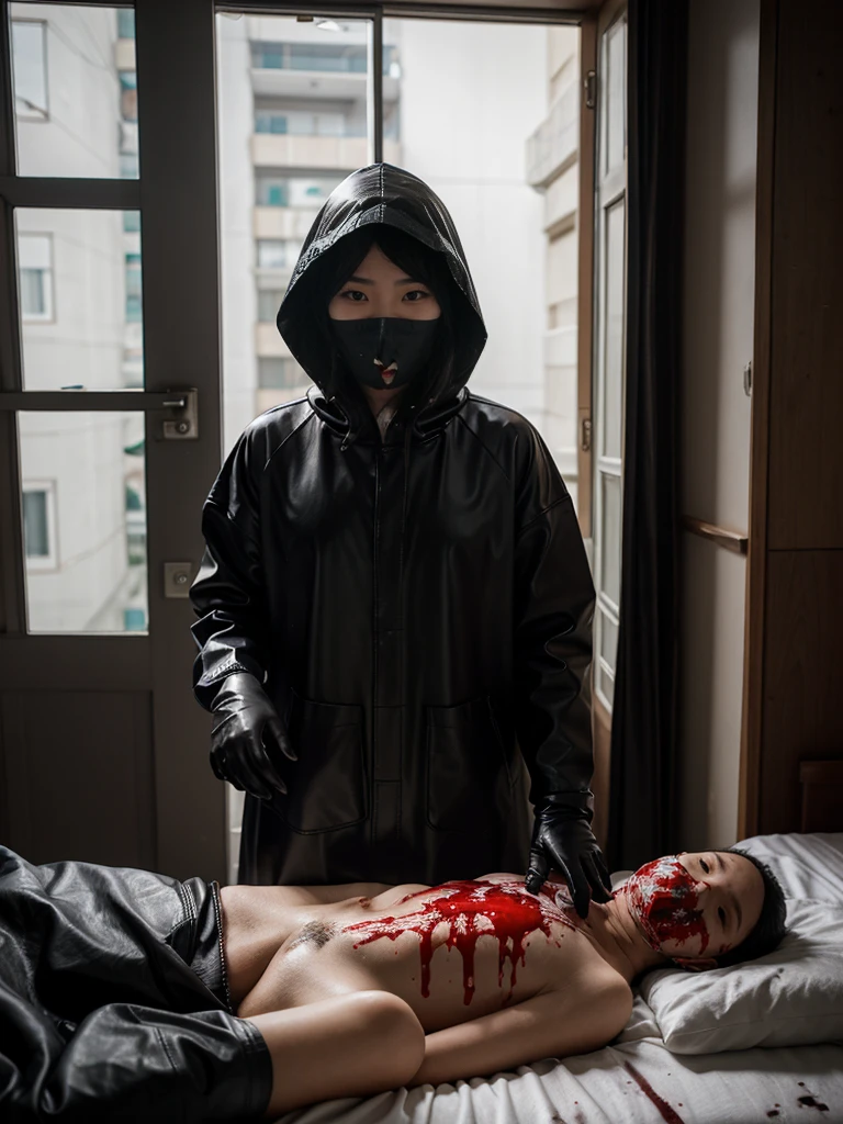 korean girl, (behind corpse, surgical mask), blood splatter, holding knife, stabbing, leather gloves, room full of blood, black raincoat, hood up, holding knife, leather gloves, behind corpse, night, mass murderer, robbery, in the hotel, light from the window
