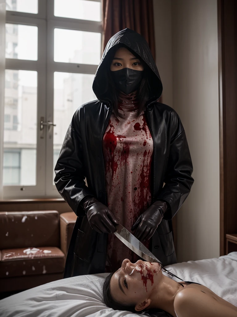 korean girl, (behind , surgical mask), blood splatter, holding knife, stabbing, leather gloves, room full ok raincoat, hood up, holding knife, leather gloves, behind corpse, night, massrer, robbery, in the, light from the window