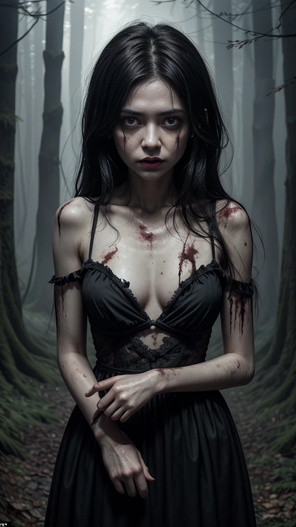 (highest quality、table top、8k、best image quality、Award-winning work、ultra high resolution)、Creepy and horror-like beauty、straight hair、(zombie beauty:1.2)、(bloody face:1.1)、(creepy zombie makeup:1.1)、(Pure white and creepy zombie skin:1.3)、black eyeshadow、(I have dark circles in my eyes:1.1)、(black lips:1.1)、(dark spooky forest background:1.3)、dark and creepy tree々、Eerie dim night、dark thriller atmosphere、Spooky fog、small cleavage、(look at me with a sad expression:1.1)、blurred background、(photo from the chest up:1.1)、(close up of face:1.35)、(nude:1.45)、accurate anatomy、ultra high resolutionの顔、ultra high resolutionの髪、ultra high resolutionのキラキラした瞳、ultra high resolutionのblack lips、ultra high resolutionの完璧な歯、Creepy face drawn in detail