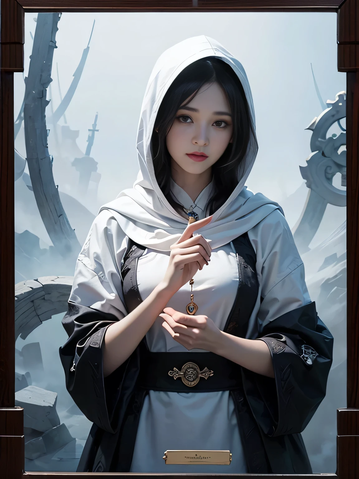 onmyoji，Metal Photo Frame，card，tarot cards：1.37.A mysterious fortune teller wearing a white hood，Finger taps an array of tarot cards in the air，Symbols and mystical elements，Ancient and mysterious atmosphere，Realistic illustration details，Vibrant and energetic composition，White style，Gothic Style Information


