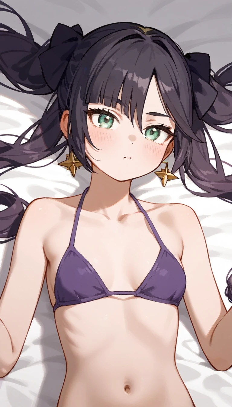 masterpiece,Ultra HD,score_4_onBREAK source_anime,可愛いanimeイラスト, One Girl, alone, Mona XL, Long black hair, Green Eyes, tsurime, Twin tails, Medium Chest, View your audience,Kissing Face,Bed,Lying down,Purple Bikini,nsfw,