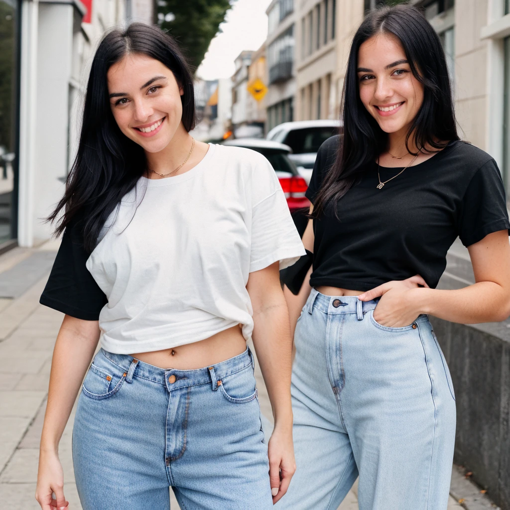 A hyper realistic image of a beautiful young Caucasian woman with round face, black hair, smiling. She is wearing a plain (baggy) t-shirt and jeans. In street. (Modest dressing) properly dressed