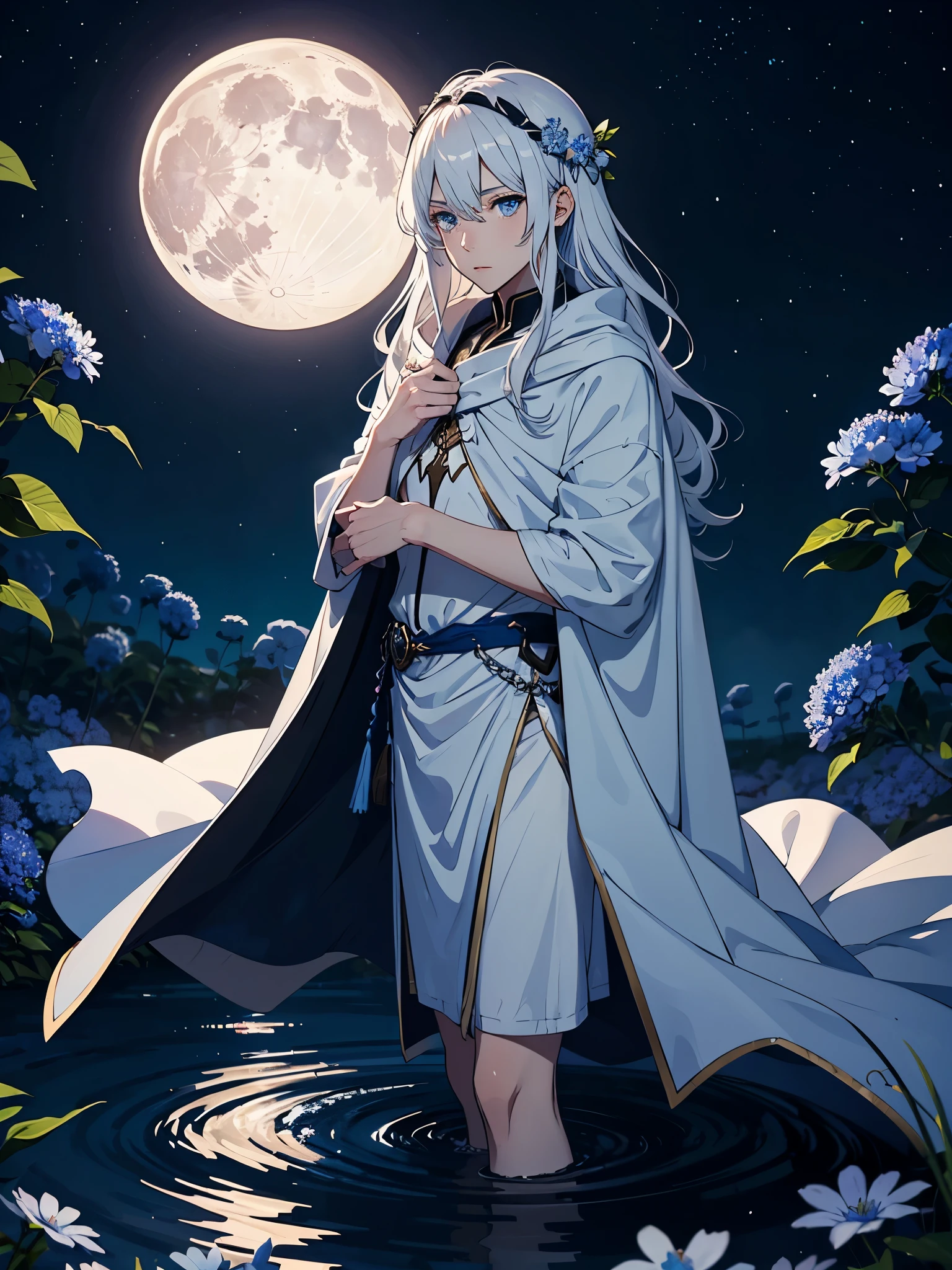Blaue Augen. Jünger. Mehr anime. Male. Light Blue flowers. Long hair. long white hair. aquatic, boy, God of the Moon, silver hair accessories, White hair, White dress, cape, at night.