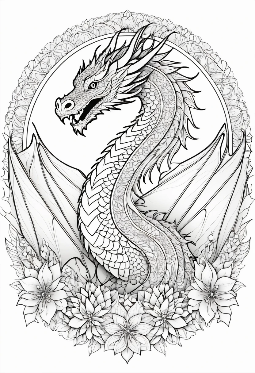 A striking black and white line art coloring page designed for adults with white background, featuring a majestic dragon in a mandala-inspired style. The dragon is adorned with intricate patterns that include floral and geometric designs, making it an engaging and detailed work of art. The illustration focuses on crisp, clean lines and bold outlines, without any shading or color, allowing the user to bring their own vibrancy to the piece. The minimalistic design, with its thick lines and absence of background details, creates a soothing coloring experience for adults seeking calming and creative activities. illustration