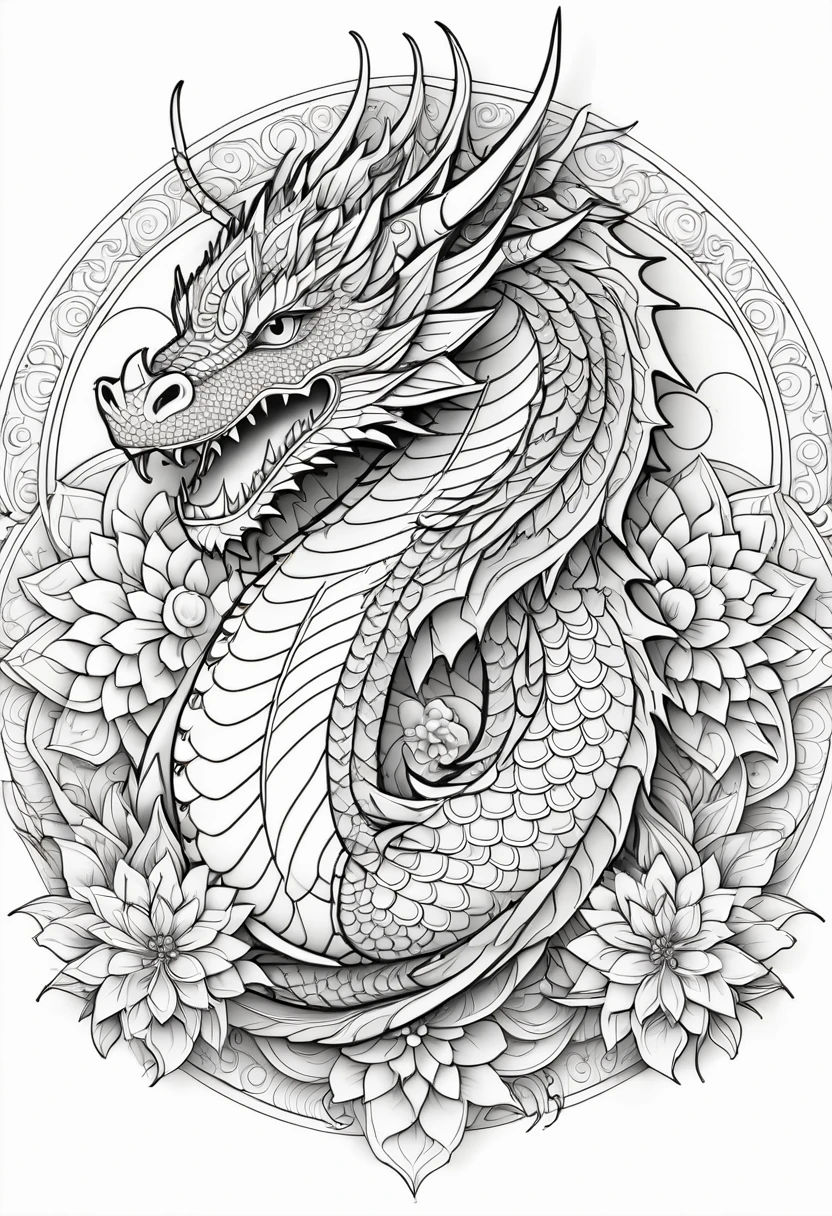 A striking black and white line art coloring page designed for adults with white background, featuring a majestic dragon in a mandala-inspired style. The dragon is adorned with intricate patterns that include floral and geometric designs, making it an engaging and detailed work of art. The illustration focuses on crisp, clean lines and bold outlines, without any shading or color, allowing the user to bring their own vibrancy to the piece. The minimalistic design, with its thick lines and absence of background details, creates a soothing coloring experience for adults seeking calming and creative activities. illustration