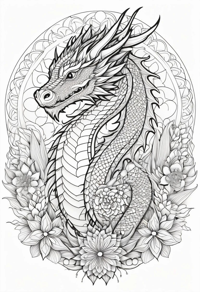 A striking black and white line art coloring page designed for adults with white background, featuring a majestic dragon in a mandala-inspired style. The dragon is adorned with intricate patterns that include floral and geometric designs, making it an engaging and detailed work of art. The illustration focuses on crisp, clean lines and bold outlines, without any shading or color, allowing the user to bring their own vibrancy to the piece. The minimalistic design, with its thick lines and absence of background details, creates a soothing coloring experience for adults seeking calming and creative activities. illustration