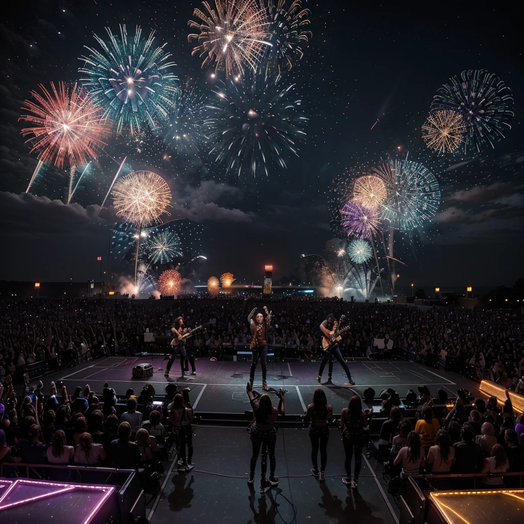 Image captures a live rock stage, with dramatic lighting and colorful smoke creating an electric atmosphere. The lead singer, with an intense expression, is center stage, holding the microphone tightly, while guitarists around you are in energetic poses, playing your instruments with passion. The crowd in front of the stage is excited, with people raising their arms, lighting lighters and displaying signs of "rock on". No fundo, the night sky is lit up with fireworks and show lights. There is also a stylized flag with the phrase "Dia do Rock" No top edge, adding a celebratory touch.detailed elements:vocalist: leather outfit, visible tattoos, messy hair.guitarists: intense movements, electric guitars with flashy design.lighting: Colorful light bulbs (cerulean, rot, purple) and smoke effects.crowd: Diversity of fans with band t-shirts, gesturing and vibrating.scenario: amplifiers, drums and microphone stands scattered around the stage.fund: night sky, fireworks and neon signs.
