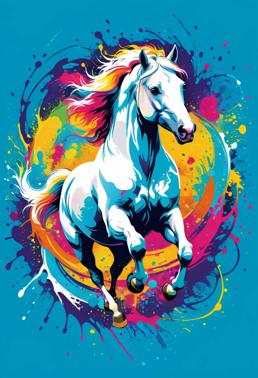 A t-shirt with vector art of a colorful illustration of a white horse jumping in the center, swirly vibrant colors, paint splashes and smears, high détail,Hawaii Background