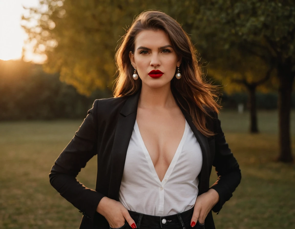 color digital photograph of Lucie Prochazka a woman from czech republic wearing (a black blazer), (a white t-shirt), (black skinny jeans), (black ankle boots), (pearl earrings), (red lipstick), and Slingbacks shoes shot on Nikon Z9 by Denis Karasev, 26 years old, long hair, tiny figure, promoting body positivity, small breasts, feeling (feeling Hate, Intense, Hostile, Aversion, Anger, Resentment, Disgust, Animosity, Hostility, Loathing, Malice, face: Scowl, Frown, Glare, Narrowed Eyes, Sneer, Lip Curl, Tense Jaw, Raised Eyebrows, Cold Stare, Contempt), at golden hour,full body, masterpiece, natural lighting, (outdoor setting:1.2), warm tones, side lighting, natural skin details, 4k, UHD, masterpiece, detailed eyes, detailed face, detailed skin, perfect hands, perfect feets, photo, high skin detail, moles, imperfect skin, ultra realism, RAW photo, subsurface scattering