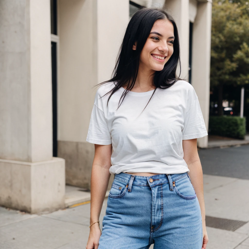 A hyper realistic image of a beautiful young Caucasian woman with  round face, black hair, smiling. She is wearing a plain (baggy) t-shirt and jeans. In street. (Modest dressing) properly dressed. ((Number of person:1))