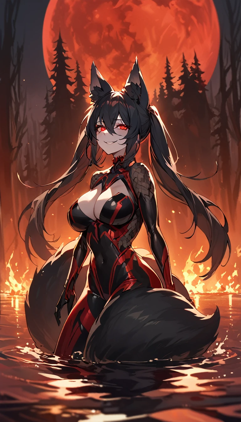 (masterpiece, best quality, extremely detailed CG, beautiful detailed eyes, ultra-detailed, intricate details:1.2), 8k wallpaper, elaborate features, (1girl, solo:1.4), full body portrait, vivid intense colors, a really tall girl with wolf ears and wolf tail, beautiful face, detaled face no poorly drawn face, ultra detailed face, pretty eyes, looking at viewer, kemonomimi, pretty lips, little nose, big round breasts, curvy, white skin, gray hair, disheveled hair, long hair, really long hair, black stylish armored outfit, bare off shoulders, detached sleeves, armored black boots, small scar under the right eye, bright yellow eyes, perfect eyes, slight smile, smug smile, slight blush, full moon background, standing straight pose, beautiful long legs, wild bratty vibes