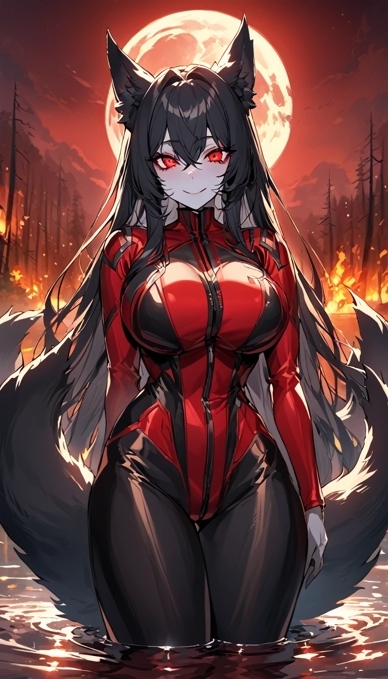 Beautiful black Kitsune, red eyes, highly detailed face, highly detailed eyes, big breasts, sexy figure, mature woman, several black kitsune tails, soft long Black Kitsune ears, You rule a lake, a huge redblood moon in the sky reflecting in the water, The forest would be burning full of charred corpses,With a terrifying look smiling, the eyes would glow red,Very detailed face and eyes, Wearing Red and black Race Suit