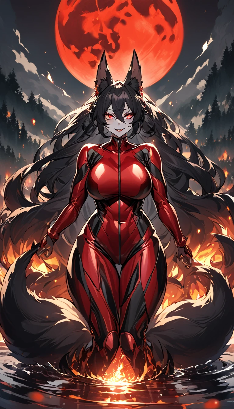 Beautiful black Kitsune, red eyes, highly detailed face, highly detailed eyes, big breasts, sexy figure, mature woman, several black kitsune tails, soft long Black Kitsune ears, You rule a lake, a huge redblood moon in the sky reflecting in the water, The forest would be burning full of charred corpses,With a terrifying look smiling, the eyes would glow red,Very detailed face and eyes, Wearing Red and black Race Suit