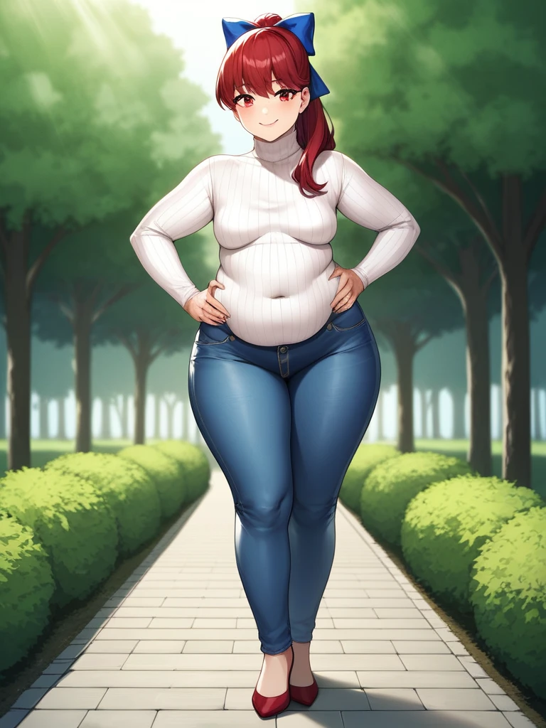 ((mature)), Realistic denim texture, chubby upper body but small breasts, dskasumi, red hair, long hair, ponytail, red eyes, hair bow, 1girl, solo, ((height 150cm)), thick thighs, Bow legs, Beautiful face but chubby face, Chubby kasumi yoshizawa, Hands on hips, Stand up straight, ((Full body)), (low head 1.5), A little chubby body type and small breasts, masterpiece, tight denim pants, ((small breasts)), thick legs++, Full body+, Solo, Swollen face, 1 woman, (white long sleeve tutleneck 1.5,) (tight turtle neck 1.5), white turtle neck, navy blue Denim pants, thick thighs, low rise navy blue denim pants, solo, simple background, masterpiece, best quality, black hair, A chubby figure that seems real, smile, 
BREAK
outdoors, park, trees, dappled sunlight, depth of field, cinematic, game cg, official art, masterpiece, best quality
