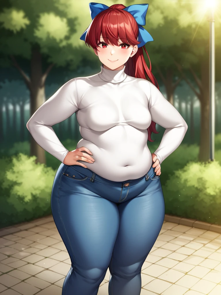 ((mature)), Realistic denim texture, chubby upper body but small breasts, dskasumi, red hair, long hair, ponytail, red eyes, hair bow, 1girl, solo, ((height 150cm)), thick thighs, Bow legs, Beautiful face but chubby face, Chubby kasumi yoshizawa, Hands on hips, Stand up straight, ((Full body)), (low head 1.5), A little chubby body type and small breasts, masterpiece, tight denim pants, ((small breasts)), thick legs++, Full body+, Solo, Swollen face, 1 woman, (white long sleeve tutleneck 1.5,) (tight turtle neck 1.5), white turtle neck, navy blue Denim pants, thick thighs, low rise navy blue denim pants, solo, simple background, masterpiece, best quality, black hair, A chubby figure that seems real, smile, 
BREAK
outdoors, park, trees, dappled sunlight, depth of field, cinematic, game cg, official art, masterpiece, best quality
