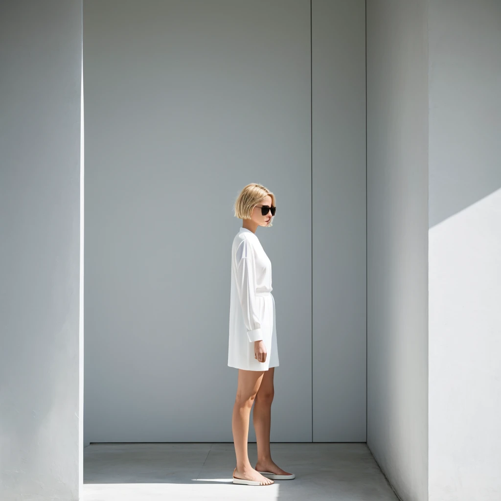 no face visible short blonde hair women stands back the background of a minimalist beautiful white architecture