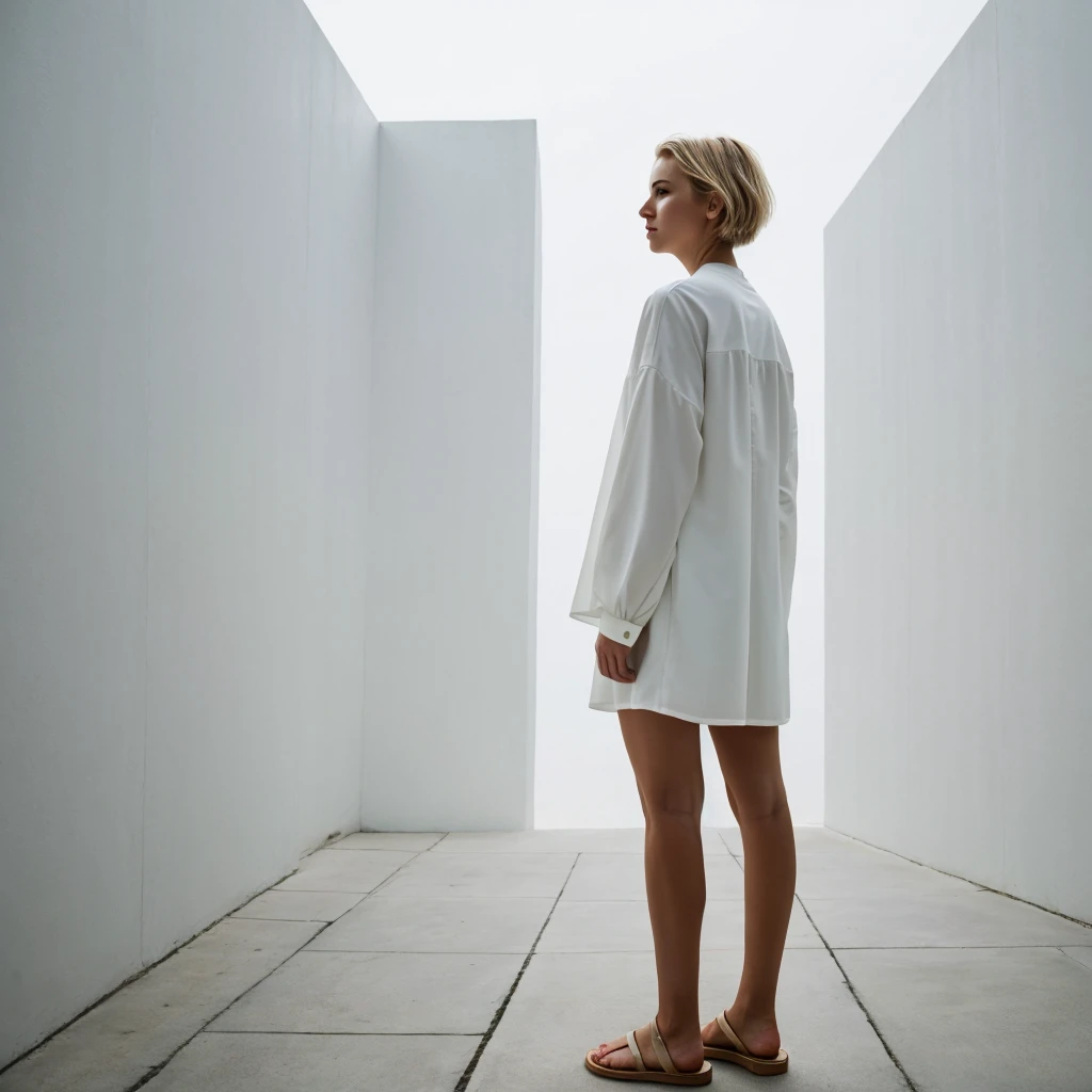 no face visible short blonde hair women stands back the background of a minimalist beautiful white architecture