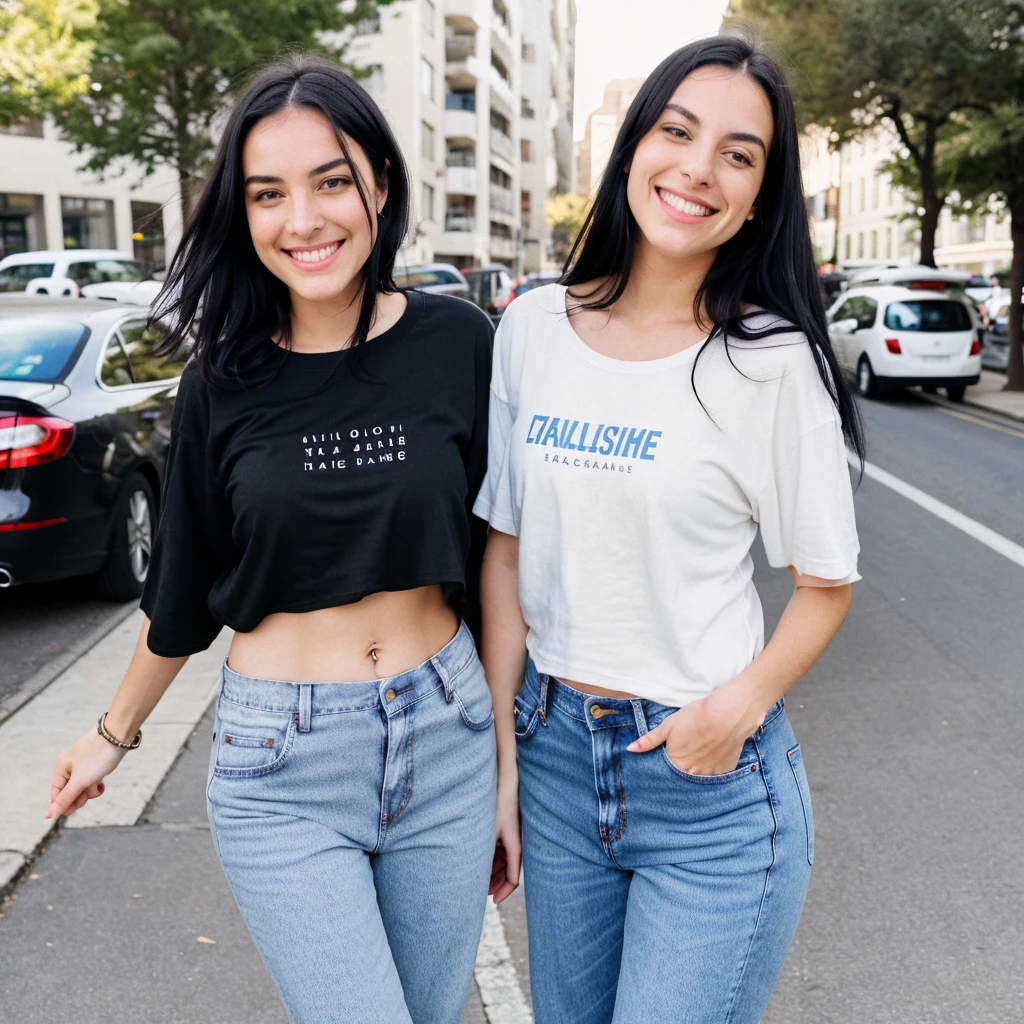 A hyper realistic image of a beautiful young Caucasian woman with round face, black hair, smiling. She is wearing a plain (baggy) t-shirt and jeans. In street. (Modest dressing) properly dressed. ((Number of person:1))