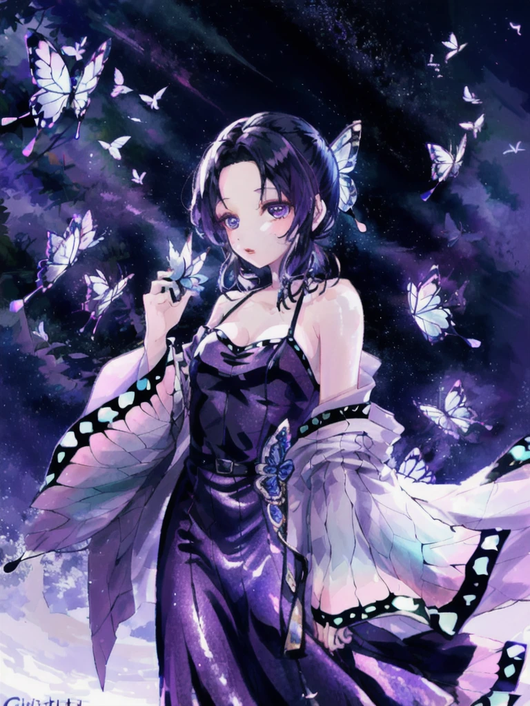 High quality photo,right lips and eye's, (not any mistakes) beautiful shinobu kocho, wearing glittering purple short party dress, angelic, , elegant and graceful, butterfly, sparkling, at a night forest moonlight river side