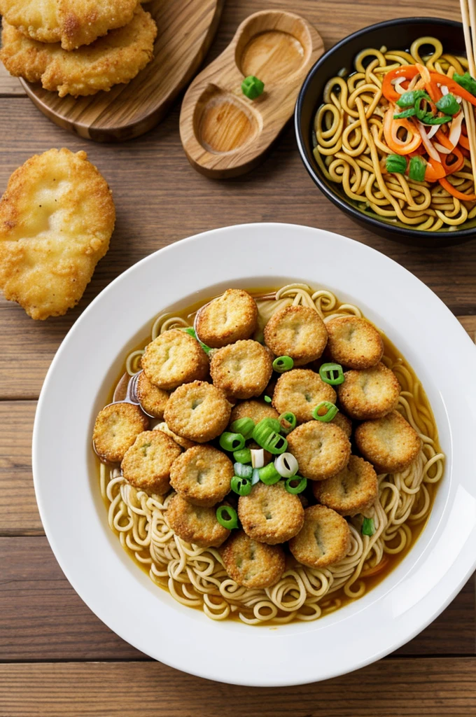 Fried instant noodle with sausage and chicken nuggets