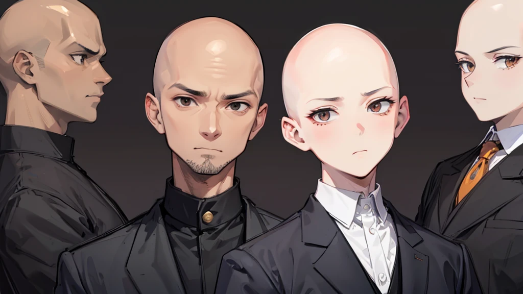Bald man, no hair, no beard, brown eyes, black suit, judge