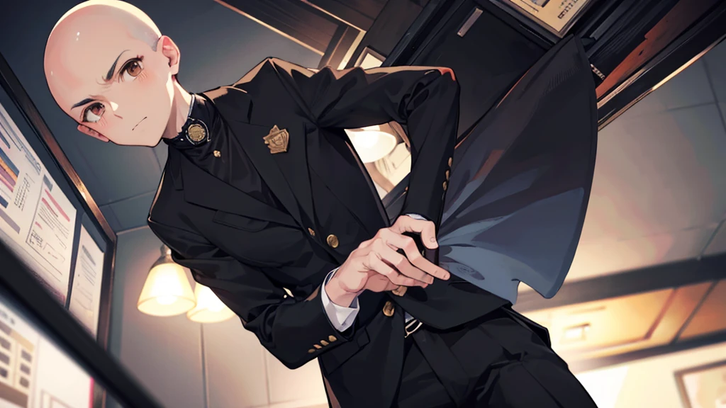 Bald man, no hair, no beard, brown eyes, black suit, judge

