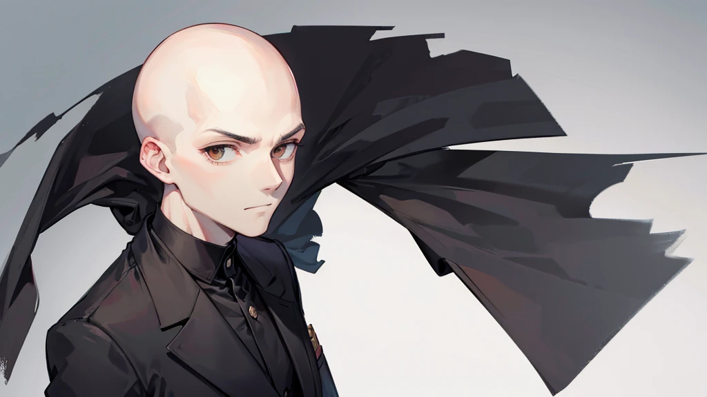 Bald man, no hair, no beard, brown eyes, black suit, judge