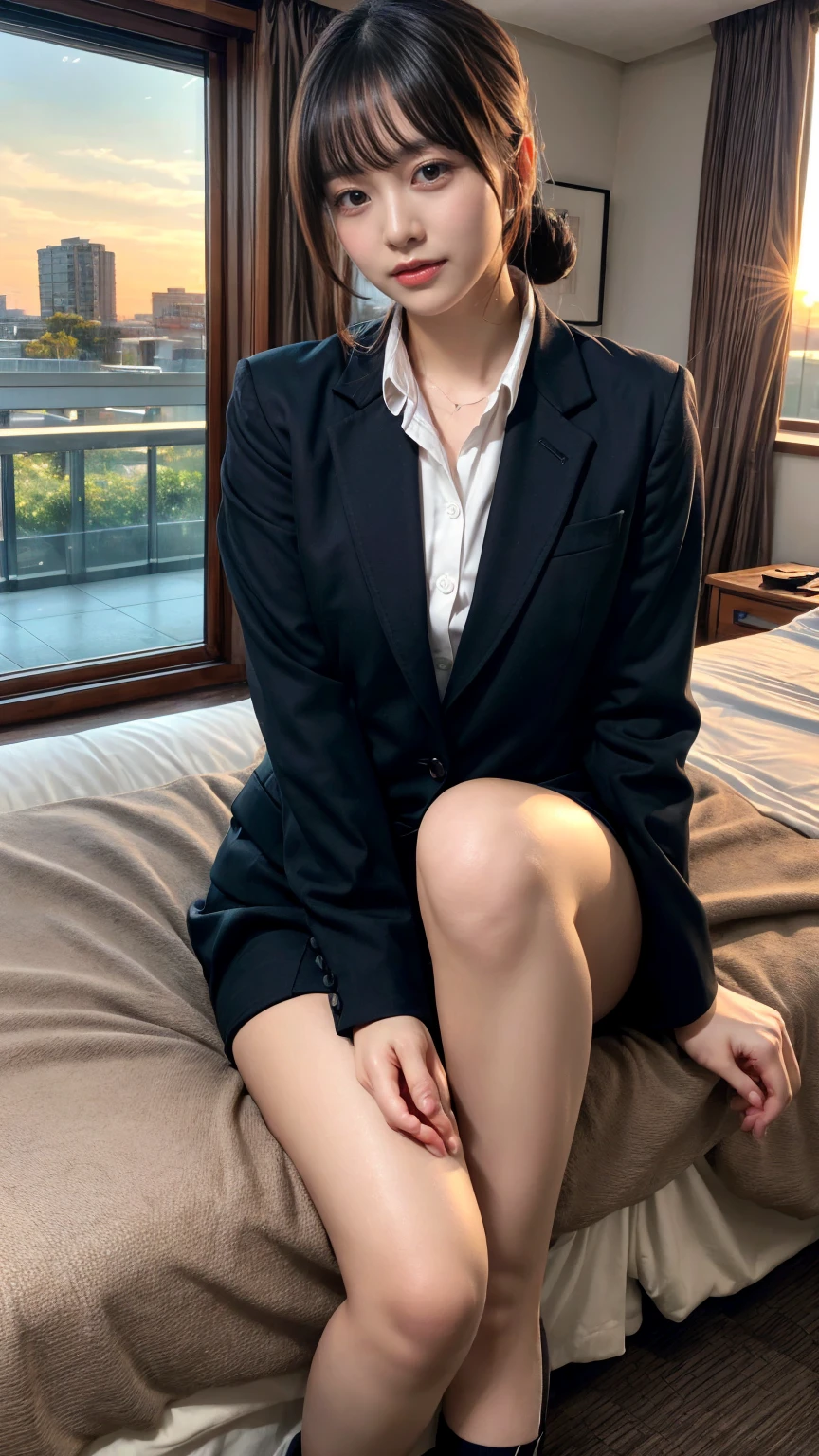 masterpiece, best quality, illustration, Super detailed, fine details, High resolution, 8K,wall paper, perfect dynamic composition,(Details High quality, realistic depiction of eyes:1.3), Office Lady, ,Suit,Collared shirt, Black Suit,Black jacket, updo, huge breasts, Colossal tits, black hair color, Big Natural Color Lip, bold sexy pose, crying a little、20 year old girl、cute type、lolita、beautiful legs, hotel room, full body photo、focus on crotch, hposing Gravure Idol, Sexy shot looking at camera, Sunset, by the window, Summer, make up, Curve