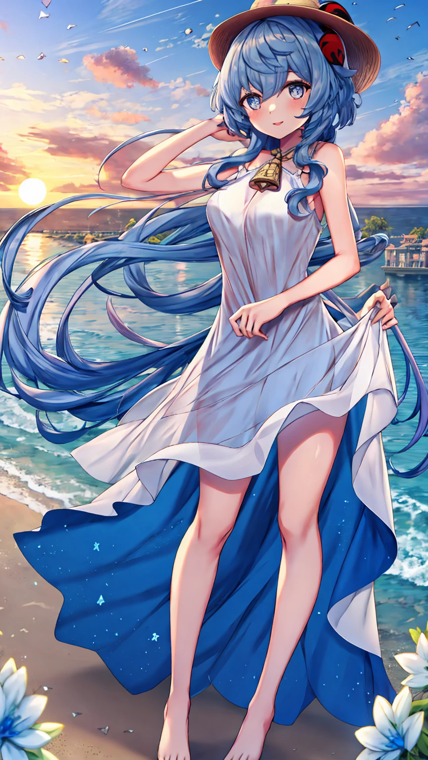 (Highest quality, masterpiece:1.4) , (Absurd:1.2), Complex, One girl, alone, Cinema Lighting, ganyu \(genshin impact\), elongated pupils, Fairy, Pointed Ears, Blue Hair, length hair, blue eyes, bangs, lips, ocean returnground, sundress, Straw hat, arms_behind_return, smile, blush,Beach,barefoot, detailed returnground, Are standing, full_body, white_dress, length_dress, detailed clothing folds, transparent_clothing, SFW, see-through dress, See-through silhouette,(Moderate_chest:0.4), sunset