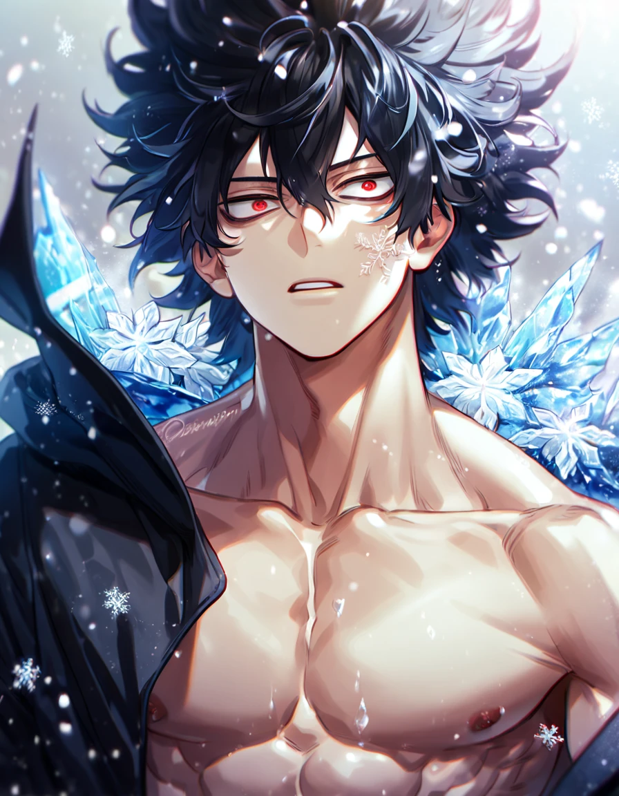 absurdres, highres, ultra detailed, HDR, master piece, best quality, extremely detailed, Chrollo Lucilfer, black hair, expressive brown eyes, Hunter x Hunter, solo, sexy man, handsome, sensual, manly man sitting, horny, black coat with high fur collar, without shirt, blue earrings, cross tattoo on the forehead, black pants, fantasy, magical, blue moon, blue flowers, blue butterflies, blue petals, blossoms, water