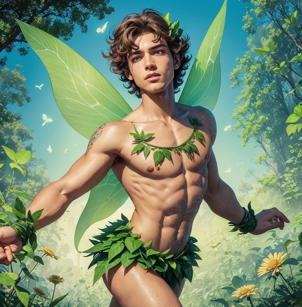 American classic comic book art: ethereal delicate young man, curly light brown hair, blue eyes, tanned skin, pointed ears, bright green tiara on the forehead, bright green tiny fairy outfit, forest, vines and flowers, lime green energy,bigbutt, shaved,tanned beautiful thighs, very young face man, freckles, fairy man, prancing, lime green leaves tiny mini skirt, nicebutt, male body, comic book,