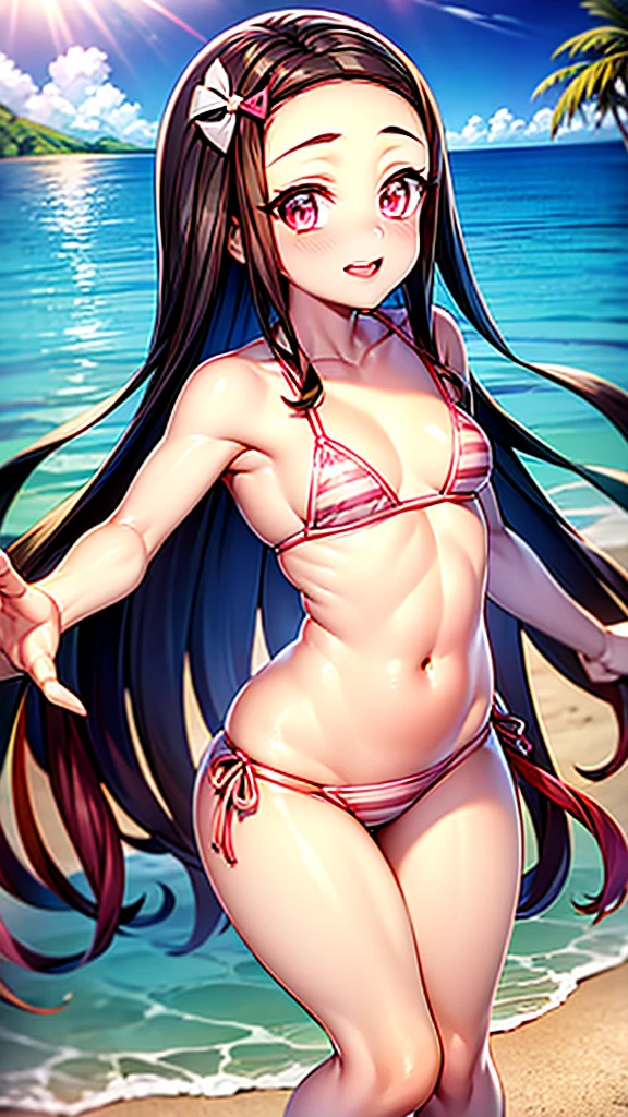 1womanl,Brown hair,ar old,(((Black Micro Bikini)))((Standing))(((Blushing cheeks、Smile with open mouth)),(((Kuroko Shirai))),((( Portrait on the knee))),sand beach,Black Micro Bikini,(((small tits)))((Infant body type))