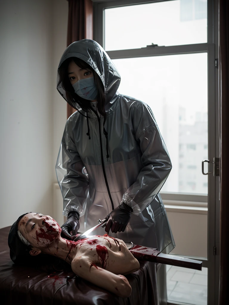 korean girl, (behind corpse, surgical mask), blood splatter, holding knife, stabbing, gloves, room full of blood, woman on top, transparent raincoat, hood up, holding knife, gloves, behind corpse, short hair, night, mass murderer, robbery, in the hotel, light from the window
