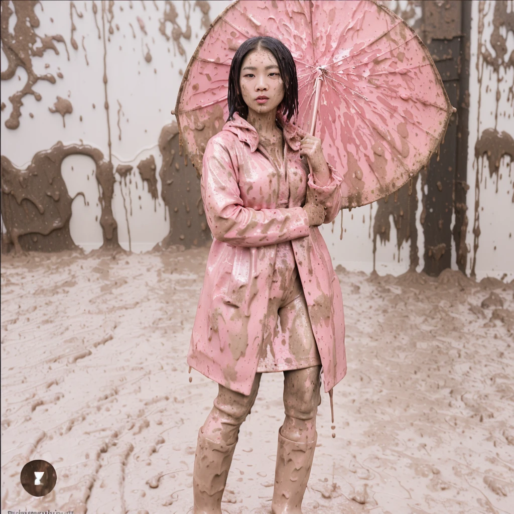 asian lady holding umbrella, cute pose, pink buttoned up raincoat, tall pink rain boots, ((((muddy splatters)))), ((mud dripping down raincoat)), intricate details, highly detailed, masterpiece, 8k, photorealistic, cinematic lighting, vibrant colors, soft focus, elegant, feminine, beautiful, serene, graceful